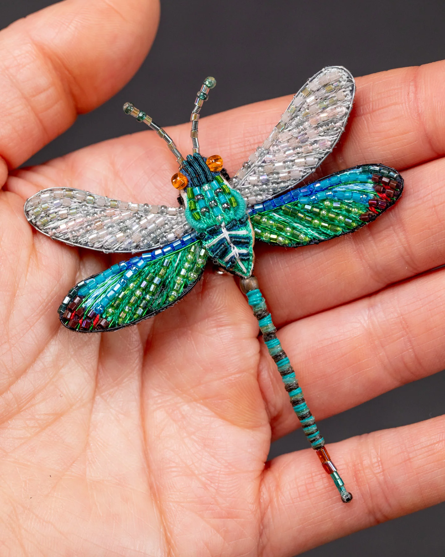 Oriental Greenwing Beaded Brooch Pin - Trovelore - Image 3